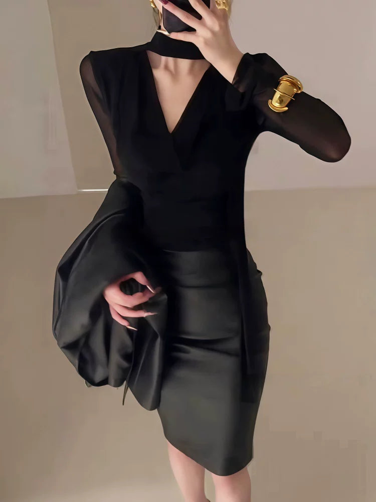 2026春季新款轻奢御姐风穿搭V领挂脖飘带微透性感长袖衬衫上衣女