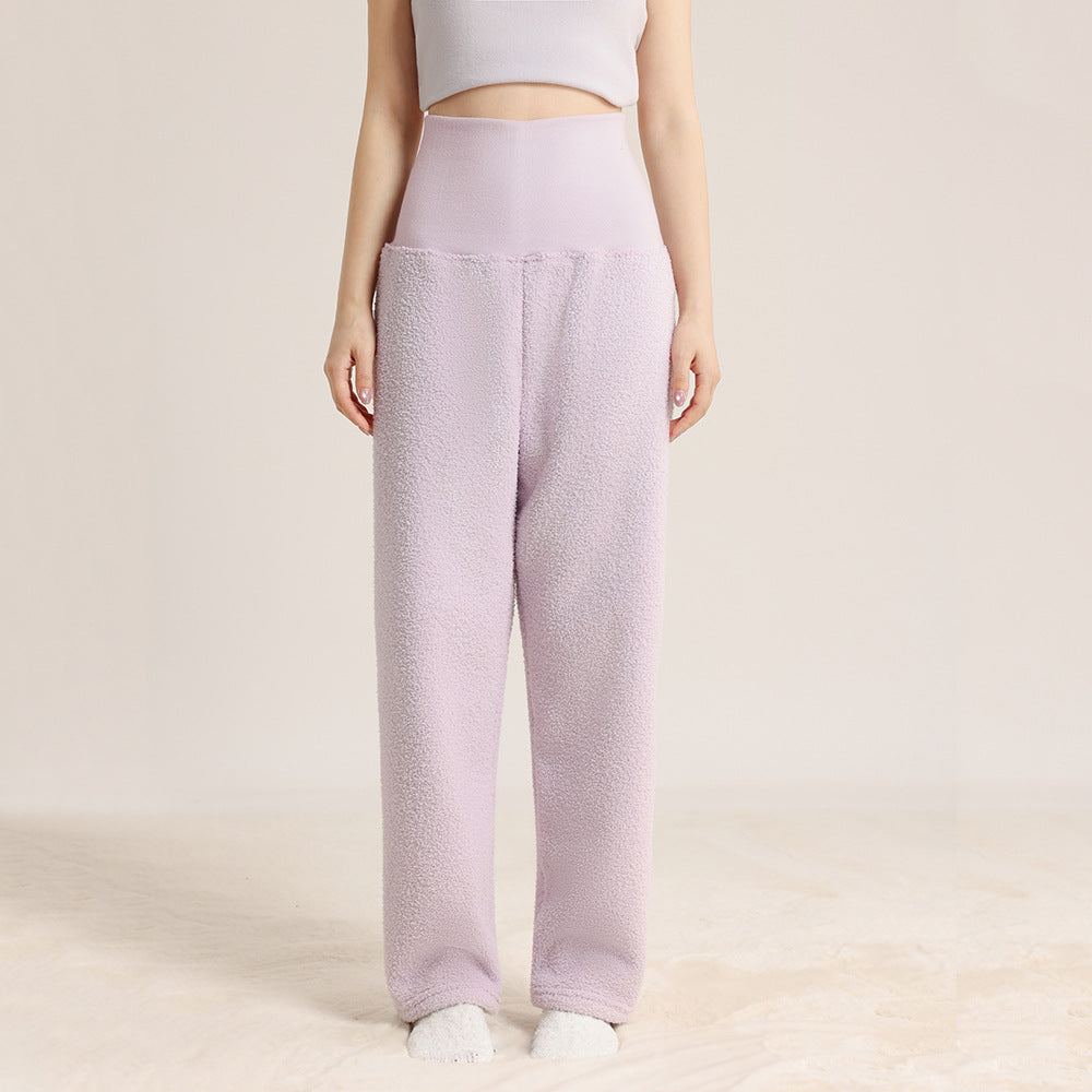 秋冬女士加厚加绒睡裤仿半边绒高腰护腹简约休闲外穿保暖大码长裤