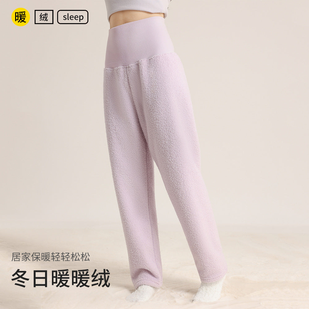 秋冬女士加厚加绒睡裤仿半边绒高腰护腹简约休闲外穿保暖大码长裤