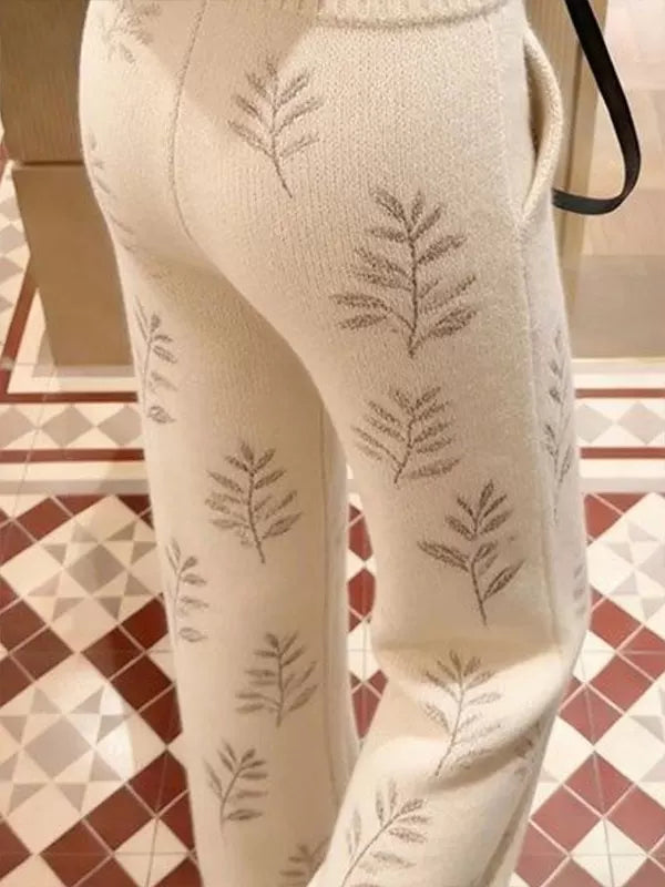 白色高腰树叶提花针织裤子女2026年新款春季大方得体窄版直筒长裤