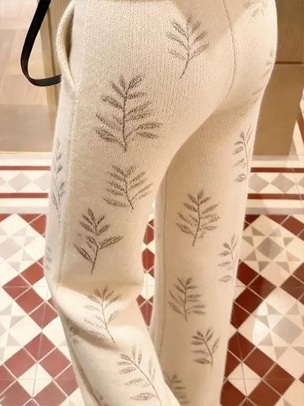 白色高腰树叶提花针织裤子女2026年新款春季大方得体窄版直筒长裤