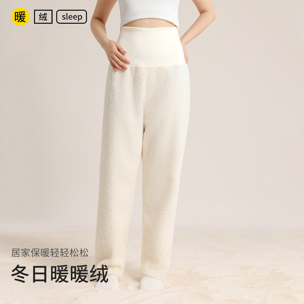 秋冬女士加厚加绒睡裤仿半边绒高腰护腹简约休闲外穿保暖大码长裤