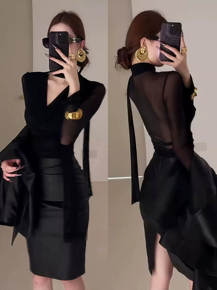 2026春季新款轻奢御姐风穿搭V领挂脖飘带微透性感长袖衬衫上衣女