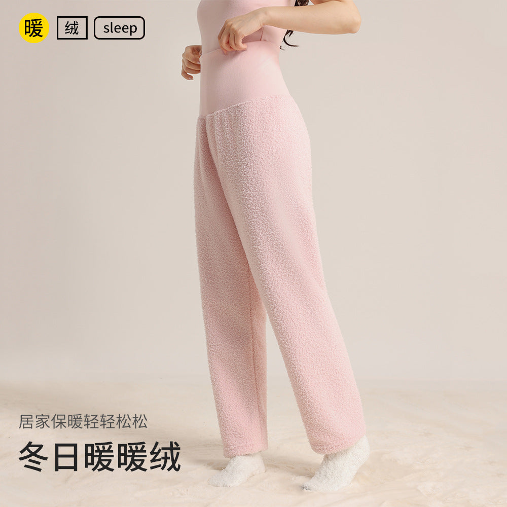 秋冬女士加厚加绒睡裤仿半边绒高腰护腹简约休闲外穿保暖大码长裤