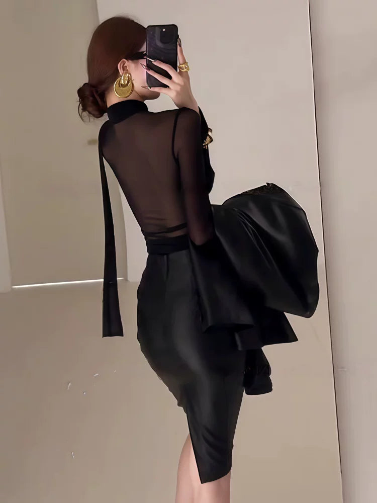 2026春季新款轻奢御姐风穿搭V领挂脖飘带微透性感长袖衬衫上衣女