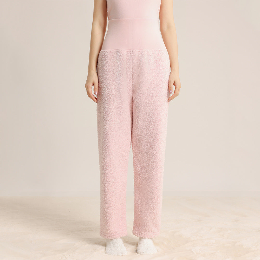 秋冬女士加厚加绒睡裤仿半边绒高腰护腹简约休闲外穿保暖大码长裤